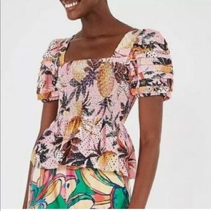 Farm Rio Puff Sleeve Pink Pineapple Smocked Peplum
Eyelet Blouse